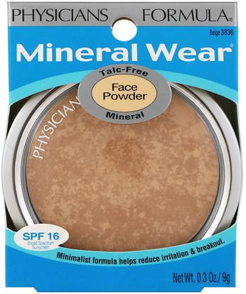 حمام، الجمال، ماكياج Physicians Formula, Inc., Mineral Wear, Face Powder, Beige, SPF 16, 0.3 oz (9 g)