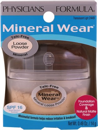 حمام، الجمال، ماكياج Physicians Formula, Inc., Mineral Wear, Loose Powder, Translucent Light, SPF 16, 0.49 oz (14 g)