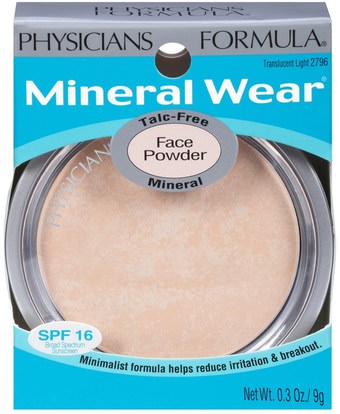 حمام، الجمال، ماكياج Physicians Formula, Inc., Mineral Wear, Mineral Face Powder, Translucent Light, SPF 16 Broad Spectrum Sunscreen, 0.3 oz (9 g)