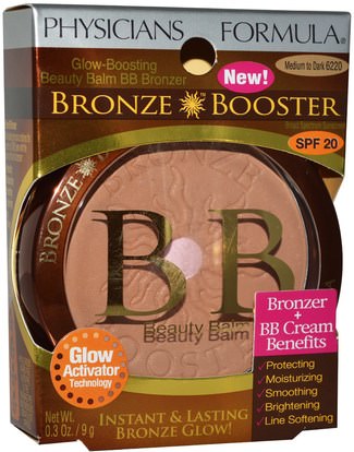 حمام، الجمال، ماكياج، وميض / مسحوق برونزي، استحى Physicians Formula, Inc., Bronze Booster, Glow-Boosting Beauty Balm BB Bronzer, SPF 20, Medium to Dark, 0.3 oz (9 g)