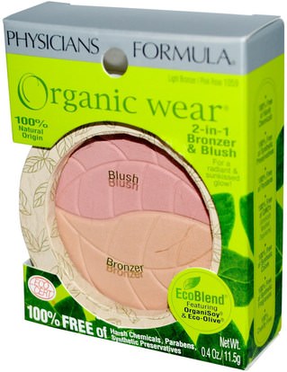 حمام، الجمال، ماكياج، وميض / مسحوق برونزي، استحى Physicians Formula, Inc., Organic Wear, 2-in-1 Bronzer & Blush, Light Bronzer/Pink Rose, 0.4 oz (11.5 g)