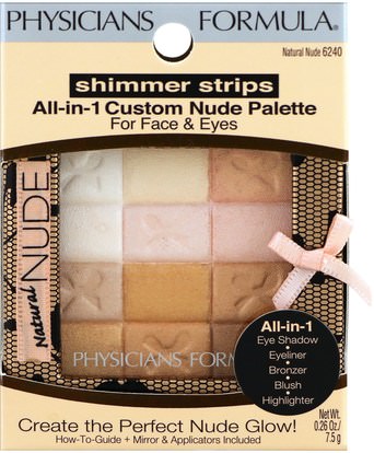 حمام، الجمال، ماكياج، وميض / مسحوق برونزي Physicians Formula, Inc., Shimmer Strips, All-In-1 Custom Nude Palette, For Face & Eyes, Natural Nude, 0.26 oz (7.5 g)