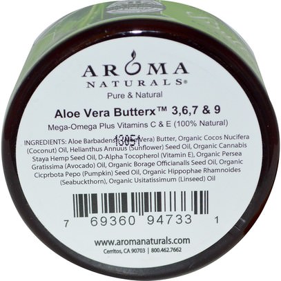 حمام، الجمال، أوميغا، حمم Aroma Naturals, Pure Aloe Vera Butter, Face & Body Moisturizer, 3.3 oz (95 g)