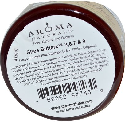 حمام، الجمال، أوميغا، حمم Aroma Naturals, Pure Shea Butter, Face & Body Moisturizer, 3.3 oz (95 g)