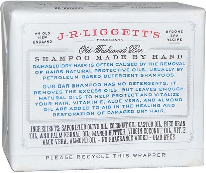 حمام، الجمال، الشامبو، الشعر، فروة الرأس، مكيف J.R. Liggetts, Old-Fashioned Bar Shampoo, Moisturizing Formula, 3.5 oz (99 g)