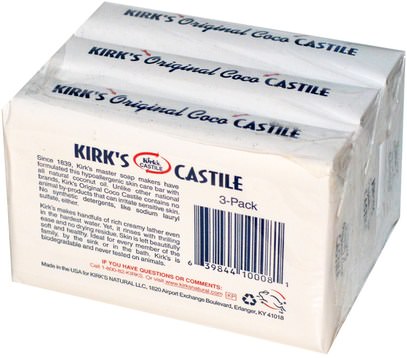 حمام، الجمال، الصابون، الصابون القشتالي Kirks, Original Coco Castile Bar Soap, 3 Bars, 4 oz (113 g) Each