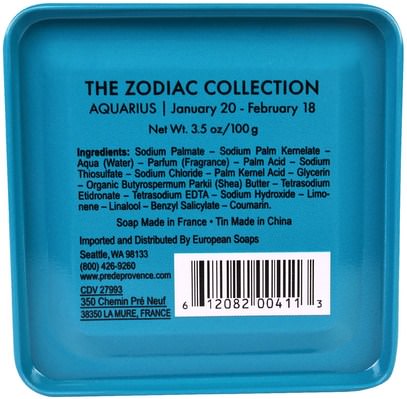 حمام، الجمال، الصابون، الصحة، بشرة European Soaps, LLC, Pre De Provence, The Zodiac Collection, Aquarius, 3.5 oz (100 g)