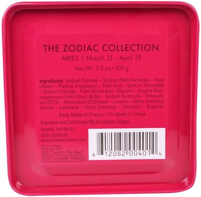 حمام، الجمال، الصابون، الصحة، بشرة European Soaps, LLC, Pre De Provence, The Zodiac Collection, Aries, 3.5 oz (100 g)
