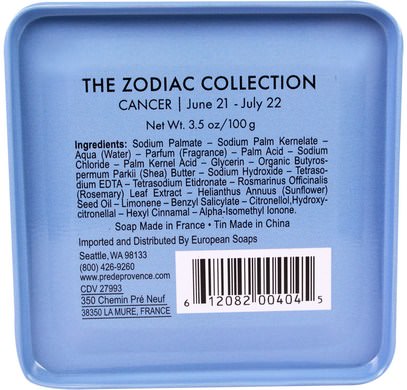 حمام، الجمال، الصابون، الصحة، بشرة European Soaps, LLC, Pre De Provence, The Zodiac Collection, Cancer, 3.5 oz (100 g)