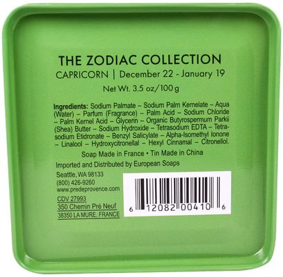 حمام، الجمال، الصابون، الصحة، بشرة European Soaps, LLC, Pre De Provence, The Zodiac Collection, Capricorn, 3.5 oz (100 g)