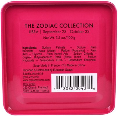 حمام، الجمال، الصابون، الصحة، بشرة European Soaps, LLC, Pre De Provence. The Zodiac Collection, Libra, 3.5 oz (100 g)