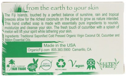 حمام، الجمال، الصابون Organic Fiji, Organic Face and Body Coconut Oil Soap, Cucumber Melon, 7 oz (198 g)