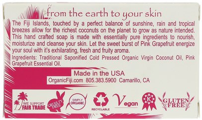 حمام، الجمال، الصابون Organic Fiji, Organic Face and Body Coconut Oil Soap, Pink Grapefruit, 7 oz (198 g)
