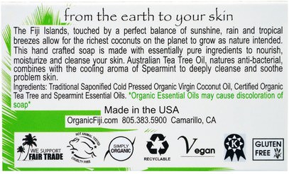 حمام، الجمال، الصابون Organic Fiji, Organic Face and Body Coconut Oil Soap, Tea Tree Spearmint, 7 oz (198 g)