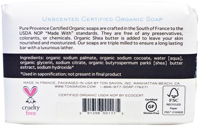 حمام، الجمال، الصابون Pure Provence Organic, Certified Organic Triple Milled Soap, Unscented, 5.3 oz (150 g)