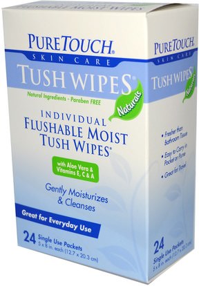 حمام، الجمال، الأنسجة المرحاض PureTouch Skin Care, Individual Flushable Moist Tush Wipes, 24 Single Use Packets