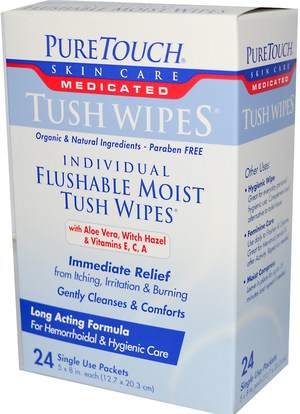 حمام، الجمال، الأنسجة المرحاض PureTouch Skin Care, Medicated Tush Wipes, 24 Single Use Packets, 5 in x 8 in Each
