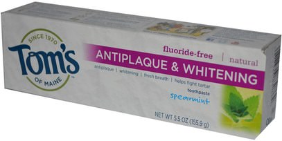 حمام، الجمال، معجون الأسنان، العناية بالأسنان عن طريق الفم، تبييض الأسنان Toms of Maine, Antiplaque & Whitening, Fluoride-Free Toothpaste, Spearmint, 5.5 oz (155.9 g)