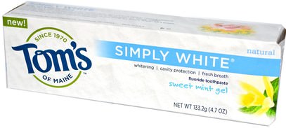 حمام، الجمال، معجون الأسنان، العناية بالأسنان عن طريق الفم، تبييض الأسنان Toms of Maine, Simply White, Fluoride Toothpaste, Sweet Mint Gel, 4.7 oz (133.2 g)