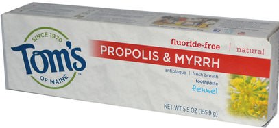 حمام، الجمال، معجون أسنان Toms of Maine, Natural Antiplaque, Propolis & Myrrh Toothpaste, Fluoride-Free, Fennel, 5.5 oz (155.9 g)