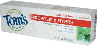حمام، الجمال، معجون أسنان Toms of Maine, Propolis & Myrrh, Fluoride-Free Toothpaste, Peppermint, 5.5 oz (155.9 g)