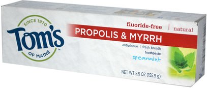 حمام، الجمال، معجون أسنان Toms of Maine, Propolis & Myrrh, Fluoride-Free Toothpaste, Spearmint, 5.5 oz (155.9 g)