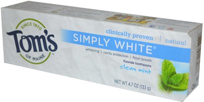 حمام، الجمال، معجون أسنان Toms of Maine, Simply White, Fluoride Toothpaste, Clean Mint, 4.7 oz (133 g)