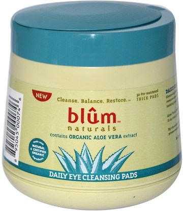 الجمال، العناية بالوجه، منظفات الوجه Blum Naturals, Daily Eye Cleansing Pads, Organic Aloe Vera Extract, 50 Pads