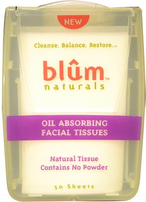 الجمال، العناية بالوجه، مناديل الوجه Blum Naturals, Oil Absorbing Facial Tissues, 50 Sheets