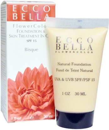 الجمال، العناية بالوجه، سف، العناية بالوجه، حمم، ماكيوب Ecco Bella, FlowerColor, Foundation & Skin Treatment In One, SPF 15, Bisque, 1 fl oz (30 ml)