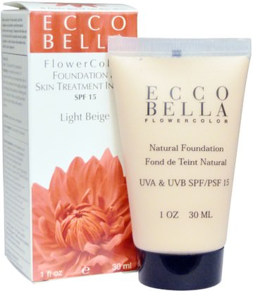 الجمال، العناية بالوجه، سف، العناية بالوجه، حمم، ماكيوب Ecco Bella, FlowerColor, Foundation & Skin Treatment In One, SPF 15, Light Beige, 1 fl oz (30 ml)