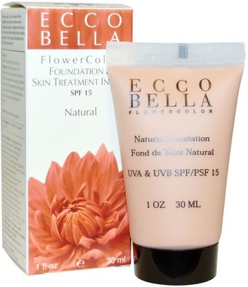 الجمال، العناية بالوجه، سف، العناية بالوجه، حمم، ماكيوب Ecco Bella, FlowerColor, Foundation & Skin Treatment In One, SPF 15, Natural, 1 fl oz (30 ml)