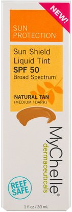 الجمال، العناية بالوجه، سف العناية بالوجه MyChelle Dermaceuticals, Sun Shield Liquid Tint, SPF 50, Natural Tan, 1 fl oz (30 ml)