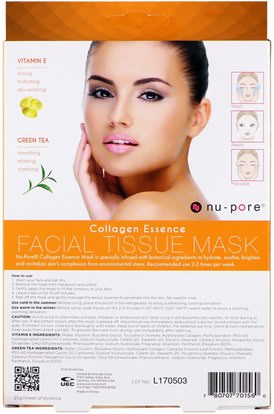 الجمال، أقنعة الوجه، أقنعة ورقة Nu-Pore, Collagen Essence Facial Tissue Mask, Vitamin E & Green Tea, 2 Mask