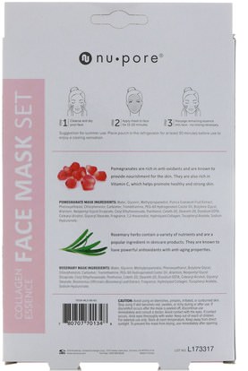 الجمال، أقنعة الوجه، أقنعة ورقة Nu-Pore, Collagen Essence Facial Tissue Masks, Natural Herb & Pomegranate, 2 Masks