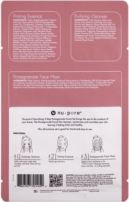 الجمال، أقنعة الوجه، أقنعة ورقة Nu-Pore, Nourishing 3-Step Pomegranate Facial Set, 1 Pack
