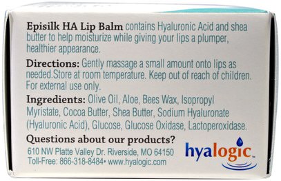 الجمال، حمض الهيالورونيك الجلد، العناية بالوجه، نوع البشرة مكافحة الشيخوخة الجلد Hyalogic LLC, Episilk, HA Lip Balm with Hyaluronic Acid, 1/2 fl oz (14 g)