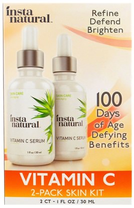 الجمال، حمض الهيالورونيك الجلد، فيتامين ج InstaNatural, Vitamin C Serum Skin Kit, 2 Pack, 1 fl. oz (30 ml) Each