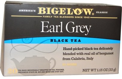 Bigelow, Earl Grey, Black Tea Blend, 20 Tea Bags, 1.18 oz (33 g) ,الغذاء، الشاي العشبية، إيرل الشاي الرمادي