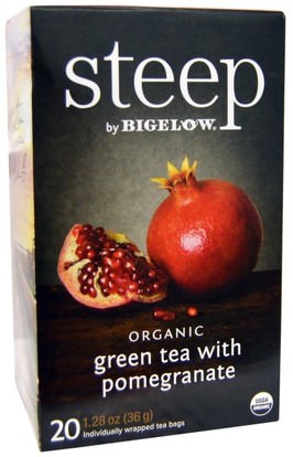 Bigelow, Steep, Organic Green Tea with Pomegranate, 20 Tea Bags, 1.28 oz (36 g) ,المكملات الغذائية، مضادات الأكسدة، الشاي الأخضر