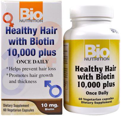 Bio Nutrition, Healthy Hair with Biotin 10,000 Plus, 60 Veggie Caps ,الصحة، المرأة، مكملات الشعر، مكملات الأظافر، مكملات الجلد