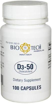 Bio Tech Pharmacal, Inc, D3-50, Cholecalciferol, 100 Capsules ,الفيتامينات، فيتامين d3