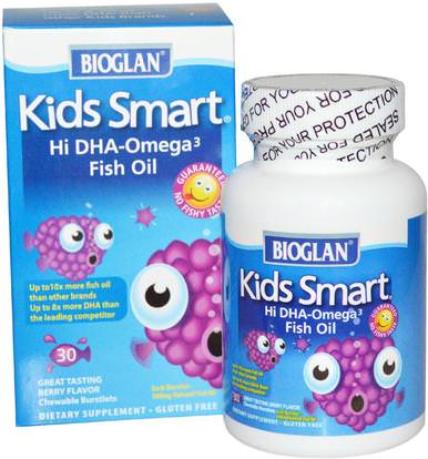 Bioglan, Kids Smart, Hi DHA-Omega 3 Fish Oil, Berry Flavor, 30 Chewable Burstlets ,المكملات الغذائية، إيفا أوميجا 3 6 9 (إيبا دا)، ملاحق الأطفال