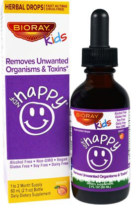 Bioray Inc., NDF Happy, Removes Unwanted Organisms & Toxins, Kids, Peach Flavor, 2 fl oz. (60 ml) ,صحة الأطفال، العلاجات العشبية للأطفال
