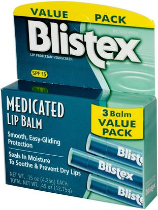 Blistex, Medicated Lip Balm, Lip Protectant/Sunscreen, SPF 15, 3 Balm Value Pack.15 oz (4.25 g) Each ,حمام، الجمال، العناية الشفاه، بليستكس الطبية، شفة الشمس