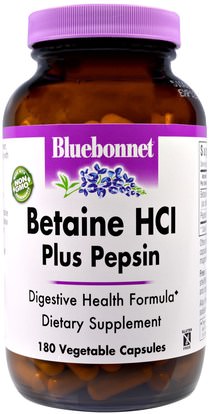 Bluebonnet Nutrition, Betaine HCl, Plus Pepsin, 180 Veggie Caps ,المكملات الغذائية، بيتين هكل، الانزيمات الهاضمة