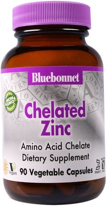 Bluebonnet Nutrition, Chelated Zinc, 90 Veggie Caps ,المكملات الغذائية، الأحماض الأمينية، المعادن، الزنك