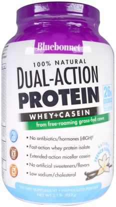 Bluebonnet Nutrition, Dual-Action Protein, Whey + Casein, Natural French Vanilla, 2.1 lbs (952 g) ,والمكملات الغذائية، والبروتين