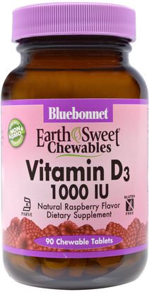 Bluebonnet Nutrition, Earth Sweet Chewables, Vitamin D3, 1000 IU, Natural Raspberry Flavor, 90 Chewable Tablets ,الفيتامينات، فيتامين d3