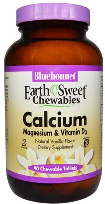 Bluebonnet Nutrition, EarthSweet Chewables, Calcium, Magnesium & Vitamin D3, Vanilla, 90 Tablets ,المكملات الغذائية، المعادن، الكالسيوم والمغنيسيوم، الكالسيوم المضغ